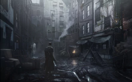 HD PC desktop wallpaper featuring a dark, atmospheric street scene from the video game The Order: 1886, highlighting its moody, detailed Victorian-era setting.