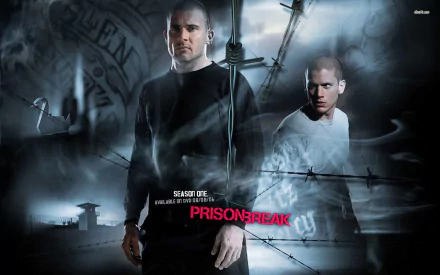 HD desktop wallpaper featuring characters from the TV show Prison Break. The background includes prison elements with barbed wire and a dark, moody atmosphere. Text reads Season One and Prison Break.