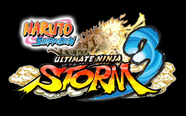HD PC desktop wallpaper of the video game Naruto Shippuden: Ultimate Ninja Storm 3 logo with stylized title, dynamic Naruto figure and swirling blue storm on a black background.