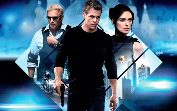 HD PC desktop wallpaper for the movie Jack Ryan: Shadow Recruit — three action figures, one holding a gun, set against a cool blue geometric city backdrop.