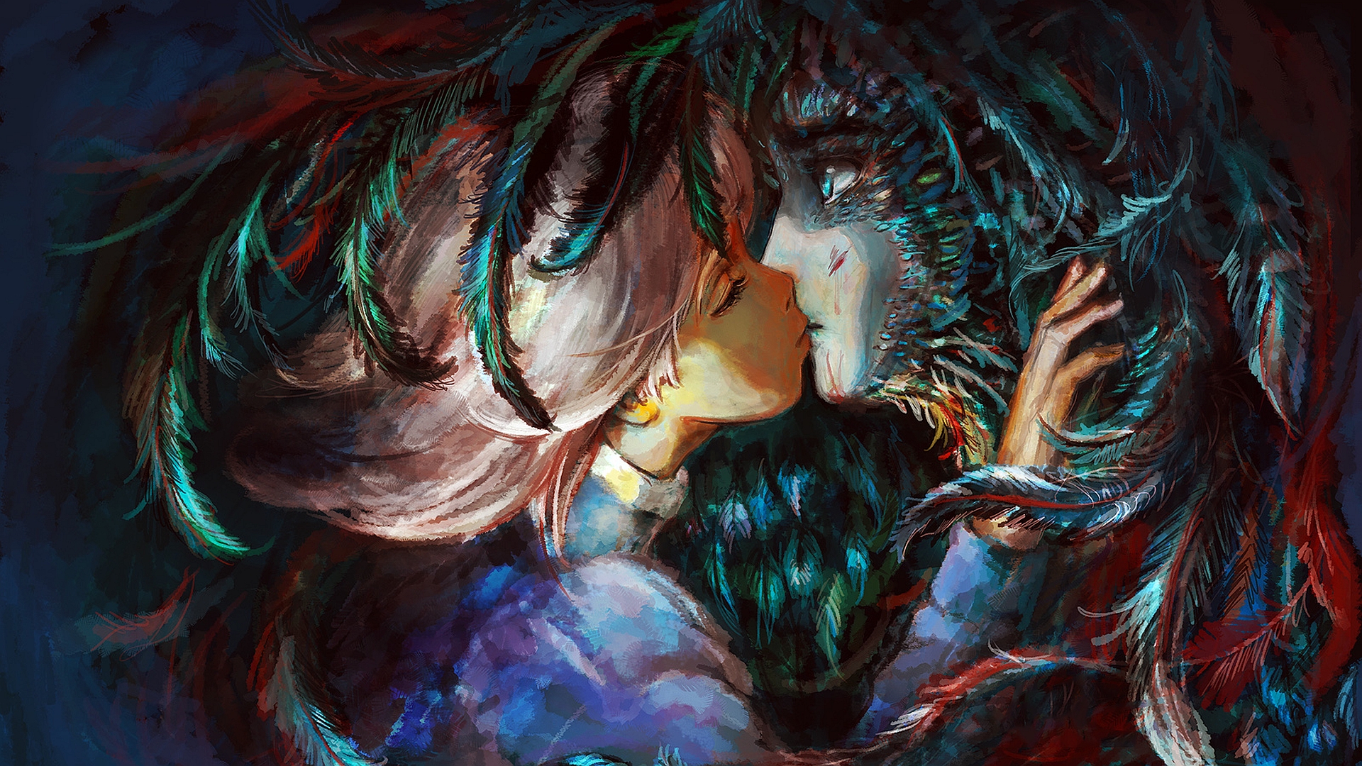 HD desktop wallpaper featuring a romantic anime scene from Howl's Moving Castle with characters in a loving embrace, set against a vividly painted background.