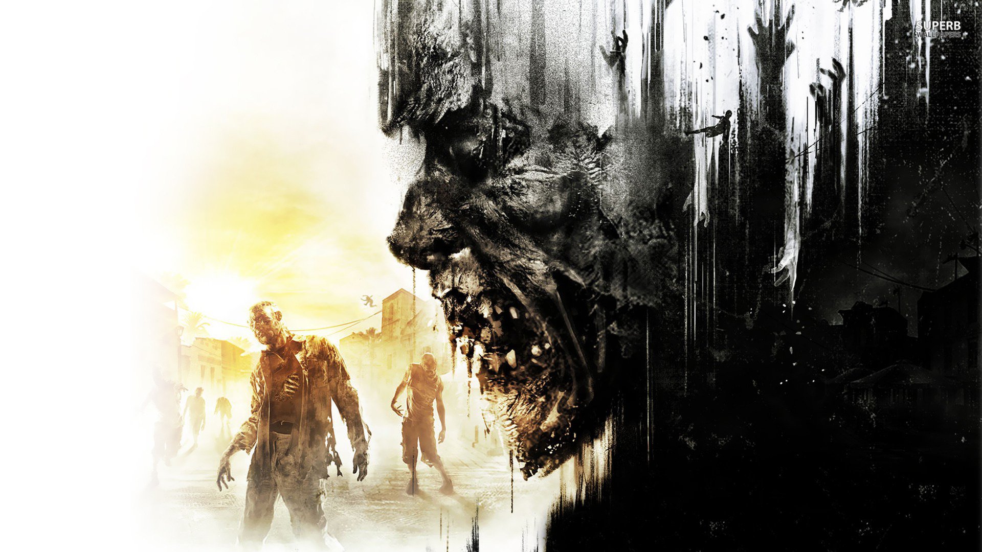 HD PC desktop wallpaper from the video game Dying Light showcasing a menacing zombie figure emerging from shadows with two other zombies in a desolate, sunlit urban background.