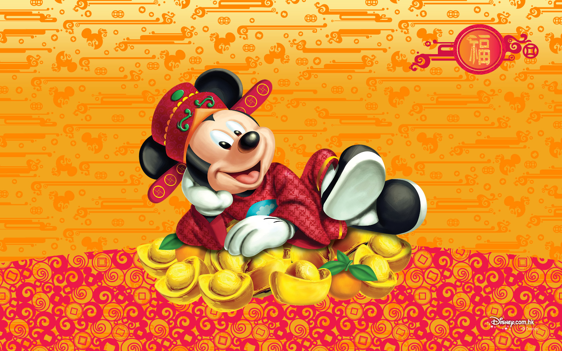 HD PC desktop wallpaper featuring Mickey Mouse in traditional Chinese attire, surrounded by gold ingots, set against a vibrant orange and red Disney-themed background.