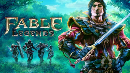 HD PC desktop wallpaper/background for the video game Fable Legends: roguish hero with drawn sword in foreground, four silhouetted allies crossing a misty, verdant forest.