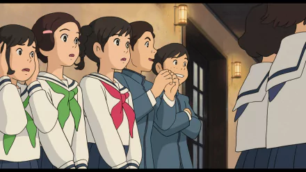 HD desktop wallpaper from From Up On Poppy Hill depicting animated characters in school uniforms looking expectantly to the right.