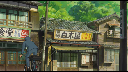 HD wallpaper from From Up On Poppy Hill featuring a scene with a character cycling by traditional Japanese buildings.