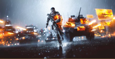 A soldier runs through a battlefield scene, surrounded by tanks and dynamic explosions, capturing the intense action of Battlefield 4 in high-definition wallpaper.