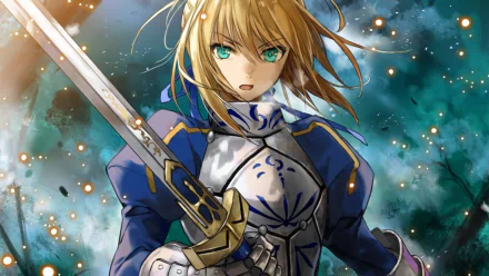 HD PC desktop wallpaper for the video game Fatal Zero Action: blonde armored heroine with green eyes grips a glowing sword amid swirling teal clouds and sparks.