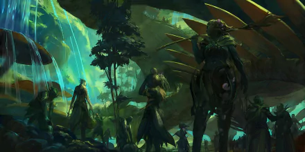 Concept art of Sylvari characters from Guild Wars 2, depicted in a lush, mystical forest setting; a 4K Ultra HD video game desktop wallpaper.