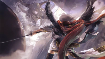 HD PC desktop wallpaper featuring Aya Shameimaru and Suika Ibuki from the Touhou anime series in a dynamic, action-packed scene with dramatic lighting.