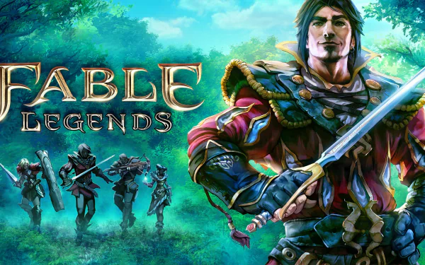 HD PC desktop wallpaper/background for the video game Fable Legends: roguish hero with drawn sword in foreground, four silhouetted allies crossing a misty, verdant forest.