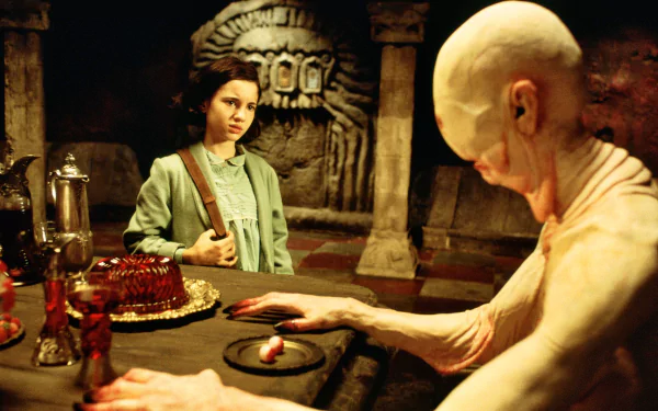 Scene from the movie Pan's Labyrinth featuring two characters in a dimly lit, mystical setting, presented as a 4K Ultra HD PC desktop wallpaper and background.