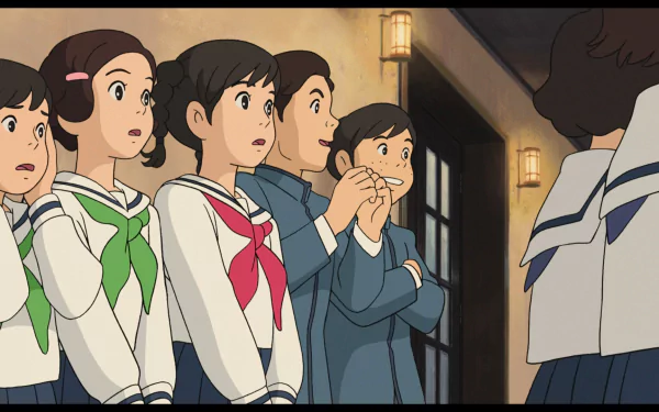 HD desktop wallpaper from From Up On Poppy Hill depicting animated characters in school uniforms looking expectantly to the right.