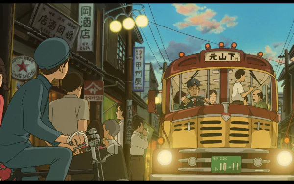 HD desktop wallpaper from From Up On Poppy Hill featuring a bustling street scene with a tram and characters.