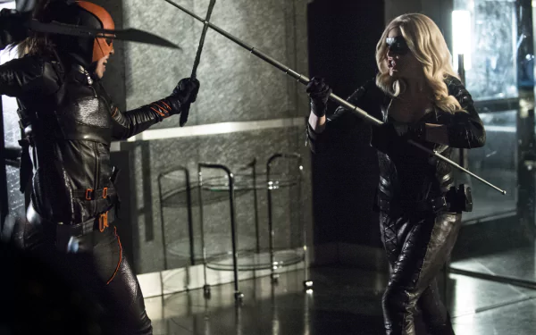 Action-packed scene from Arrow TV show featuring Caity Lotz as Black Canary in a dynamic fight, captured as an HD PC desktop wallpaper and background.