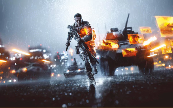 A soldier runs through a battlefield scene, surrounded by tanks and dynamic explosions, capturing the intense action of Battlefield 4 in high-definition wallpaper.
