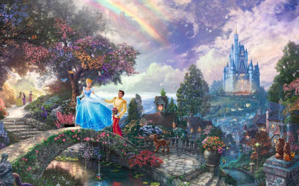 A vibrant scene from the 1950 movie Cinderella, featuring Prince Charming and Cinderella amidst a colorful landscape with flowers, a rainbow, and a majestic castle in the background.