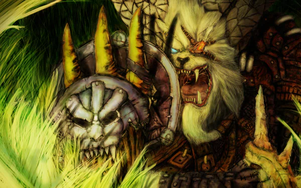 4K Ultra HD PC desktop wallpaper of Rengar (League of Legends) — snarling, armored hunter with bone mask and glowing eye leaping from tall grass; video game League of Legends art.