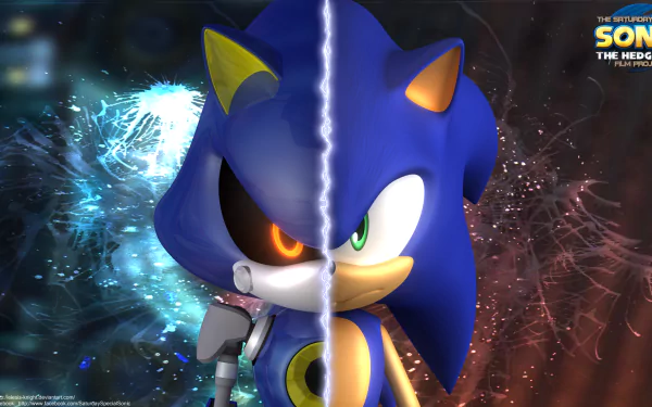 Metal Sonic from the Sonic the Hedgehog video game faces off against Sonic, depicted in a vibrant HD background, showcasing the clash between technology and speed.