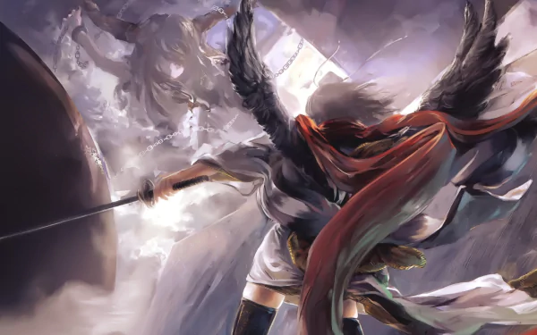 HD PC desktop wallpaper featuring Aya Shameimaru and Suika Ibuki from the Touhou anime series in a dynamic, action-packed scene with dramatic lighting.