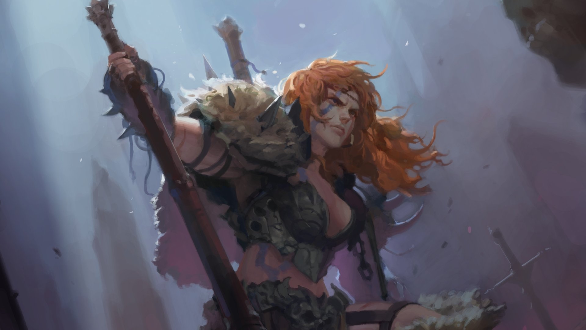 A fierce fantasy woman warrior with flowing red hair, clad in armor and fur, holds a weapon amidst a misty, rugged landscape in this 4K Ultra HD desktop wallpaper.