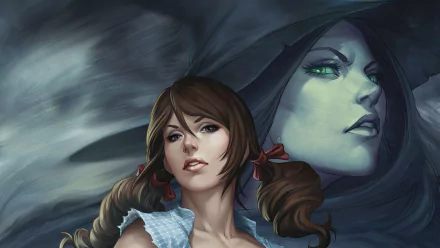 Comic, oz HD PC desktop wallpaper and background: comic-style portrait of a pigtail-clad young woman in front, a large green-tinged witch's face looming behind in a smoky sky.