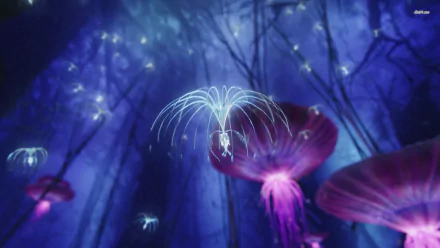 A vibrant HD desktop wallpaper inspired by the movie Avatar, featuring enchanting glowing flora in a mystical, deep blue forest setting.