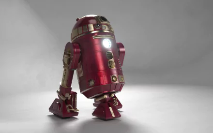 A detailed HD wallpaper featuring R2-D2, the iconic droid from the Star Wars movie franchise, showcasing its metallic red design against a neutral background.
