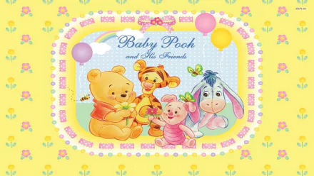 Colorful HD desktop wallpaper featuring Winnie the Pooh and friends, including Tigger, Piglet, and Eeyore, celebrating together on a cheerful yellow background.