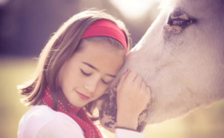 A young woman with a red headband gently leaning against a horse, creating a serene and intimate mood, set against a soft, blurred natural background. HD desktop wallpaper and background.