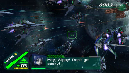 HD wallpaper of Star Fox: Assault featuring in-game space battle action with character dialogue.