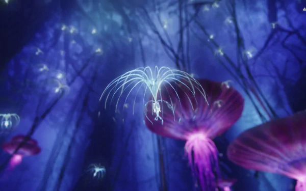 A vibrant HD desktop wallpaper inspired by the movie Avatar, featuring enchanting glowing flora in a mystical, deep blue forest setting.