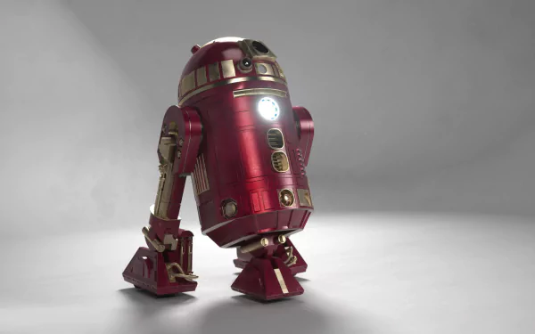 A detailed HD wallpaper featuring R2-D2, the iconic droid from the Star Wars movie franchise, showcasing its metallic red design against a neutral background.