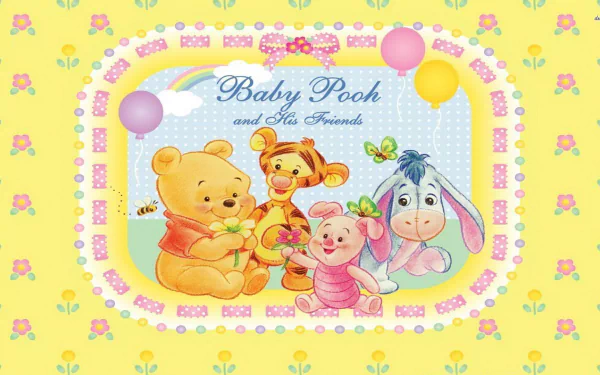 Colorful HD desktop wallpaper featuring Winnie the Pooh and friends, including Tigger, Piglet, and Eeyore, celebrating together on a cheerful yellow background.