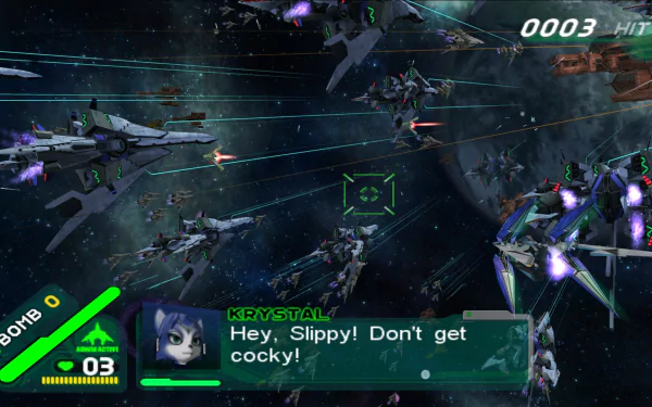 HD wallpaper of Star Fox: Assault featuring in-game space battle action with character dialogue.