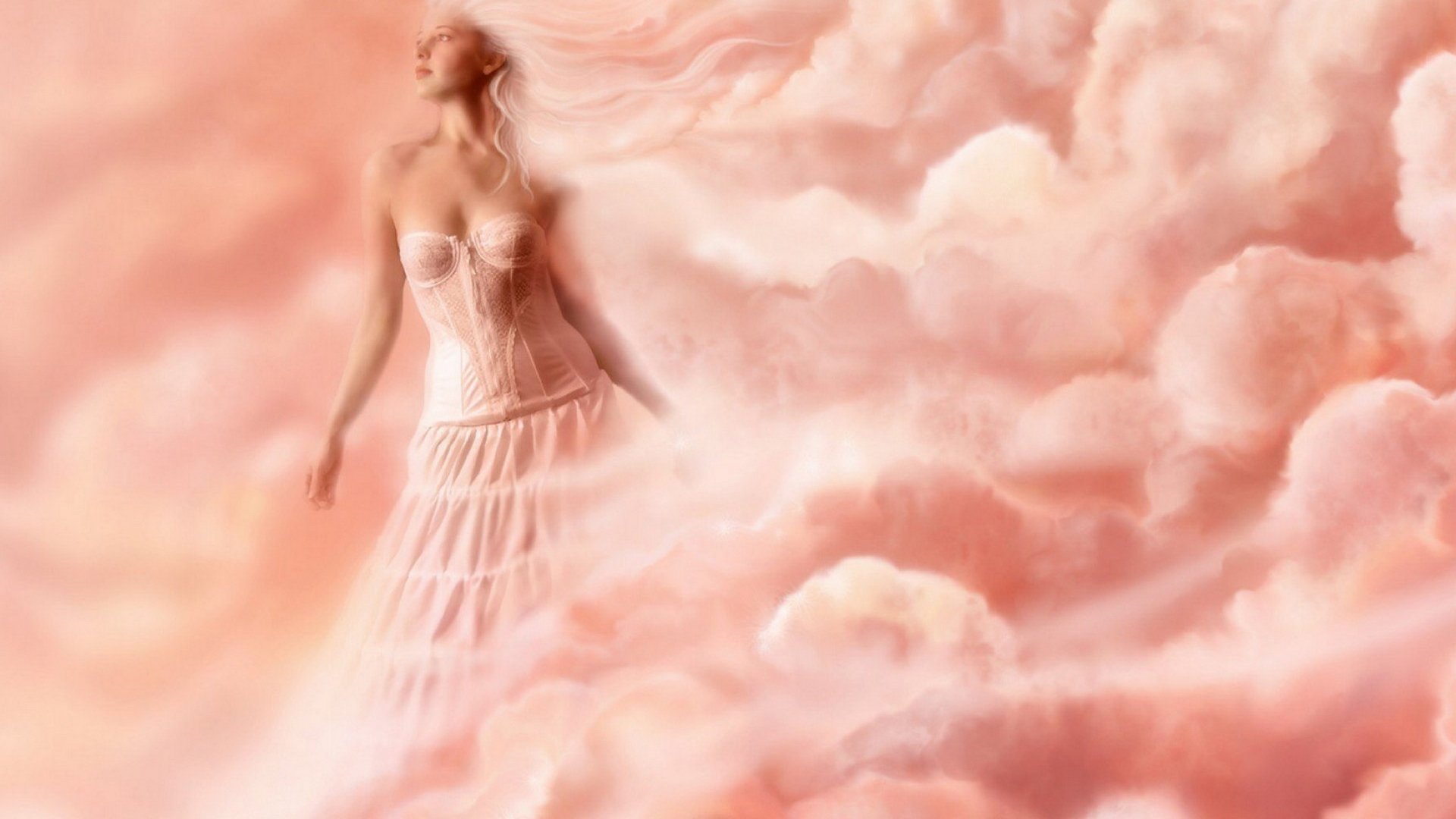A fantasy-themed HD desktop wallpaper featuring a woman in a flowing dress blending seamlessly with soft pink clouds.