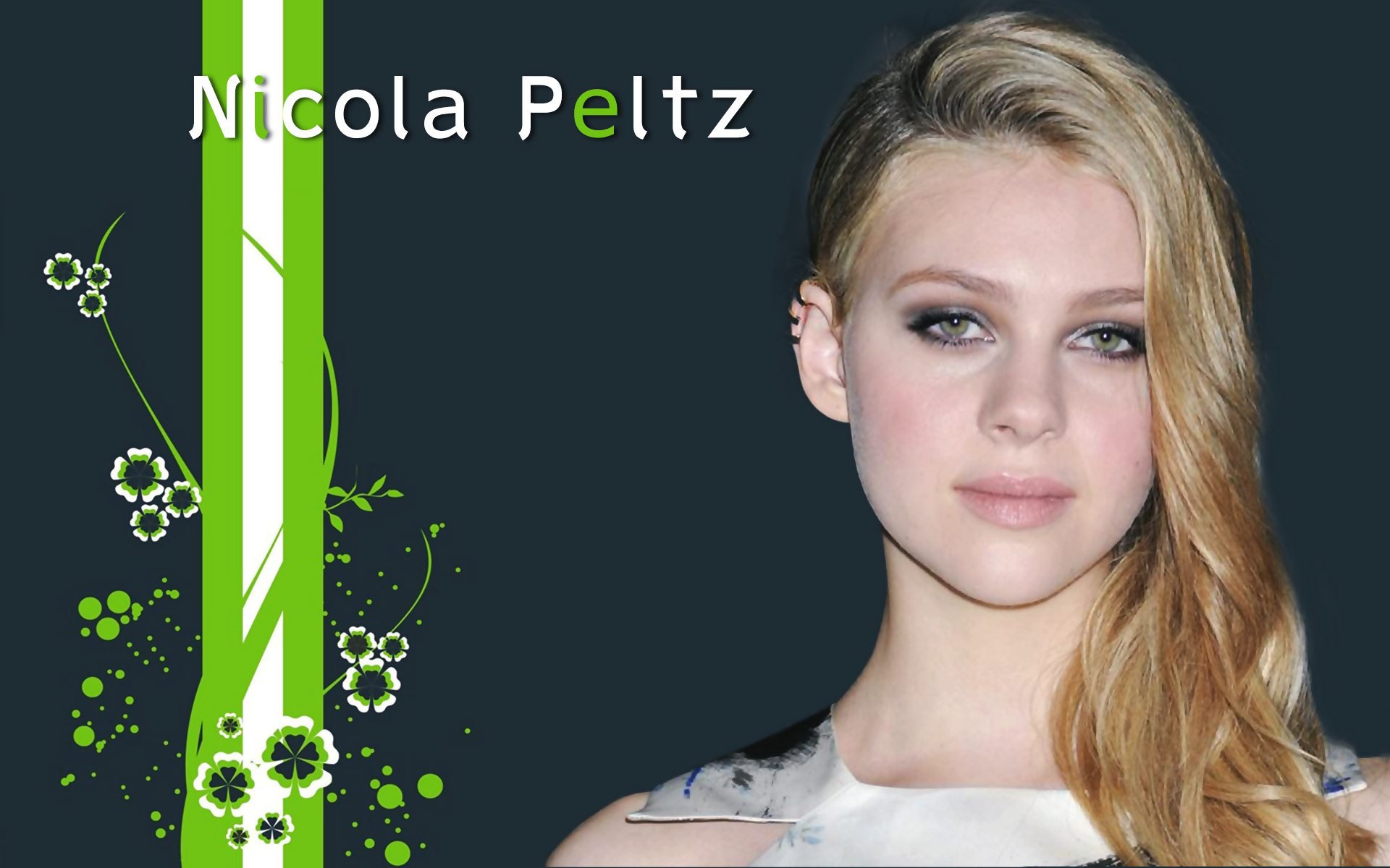 HD PC desktop wallpaper featuring American actress and celebrity Nicola Peltz with floral green and white graphic elements on a dark background.