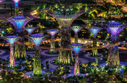 HD desktop wallpaper showcasing the illuminated Supertree Grove at Marina Bay Sands, Singapore, highlighting vibrant man-made architectural lights at night.