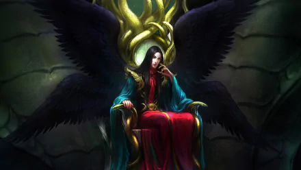 Fantasy HD desktop wallpaper depicting a dark-winged angel seated on an ornate throne, radiating a mysterious and powerful presence.