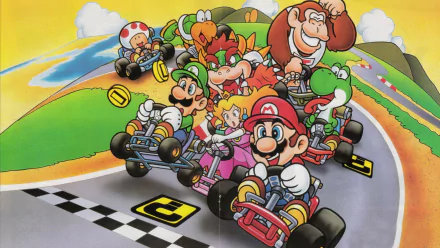 HD PC desktop wallpaper and background of the Super Mario Kart video game: Mario, Luigi, Peach, Yoshi, Donkey Kong, Bowser and Toad racing karts on a colorful track.