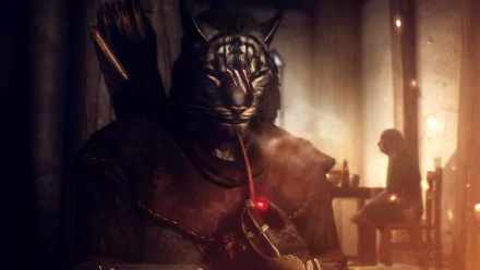 A stunning HD wallpaper from The Elder Scrolls V: Skyrim, featuring a Khajiit character relaxing with a pipe in a dimly lit tavern, capturing the essence of the game’s immersive world.