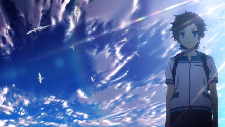 HD desktop wallpaper featuring Hikari Sakishima from the anime Nagi no Asukara, with a breathtaking background of a seascape with clouds and seagulls under a vivid blue sky.