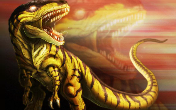 HD PC desktop wallpaper/background from the video game Primal Rage showing a snarling yellow-striped, dinosaur-like beast with gaping jaws and a blurred motion trail across a fiery sky.
