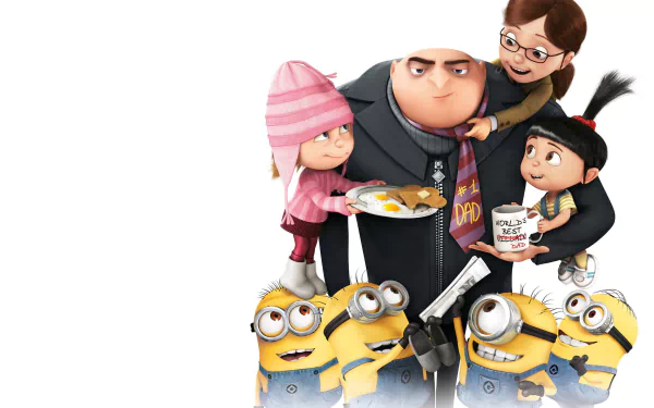 HD PC desktop wallpaper featuring Gru with Margo, Edith, Agnes, and minions from Despicable Me and Despicable Me 2 movies.