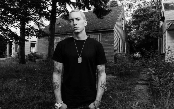 Black and white HD wallpaper featuring Eminem standing confidently in an overgrown area near abandoned houses, embodying themes of resilience and artistry in music.