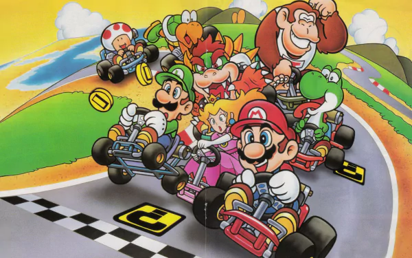 HD PC desktop wallpaper and background of the Super Mario Kart video game: Mario, Luigi, Peach, Yoshi, Donkey Kong, Bowser and Toad racing karts on a colorful track.