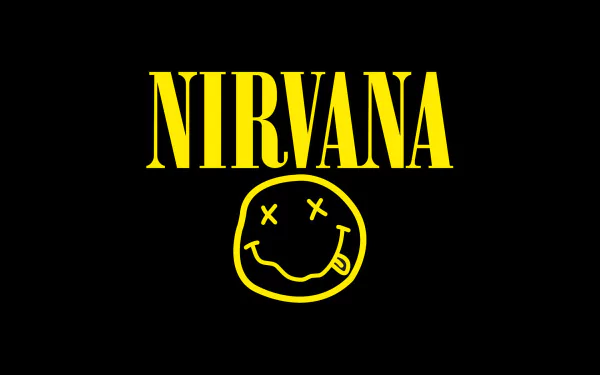 HD desktop wallpaper featuring the iconic yellow Nirvana logo and smiley face on a black background, tagged with music and Nirvana.