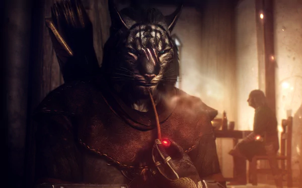 A stunning HD wallpaper from The Elder Scrolls V: Skyrim, featuring a Khajiit character relaxing with a pipe in a dimly lit tavern, capturing the essence of the game’s immersive world.