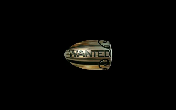 HD PC desktop wallpaper showing a polished bullet engraved with WANTED and decorative swirls on a black background, referencing the movie Wanted.
