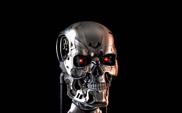 A close-up of a metallic robot skull with glowing red eyes, inspired by the movie The Terminator, serves as a striking HD PC desktop wallpaper and background.